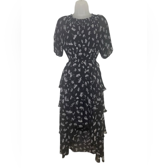 Maje Floral Off Shoulder Hi Low Black White Asymmetrical Midi Dress US M l FR 38 - Picture 11 of 14